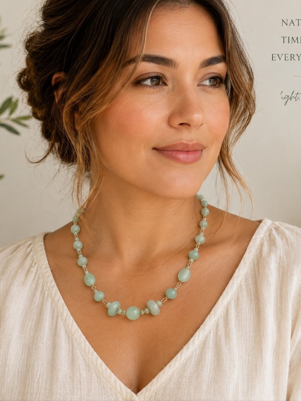 Vintage 16" Light Green Gemstone Station Necklace Wire Wrapped Jade Aventurine